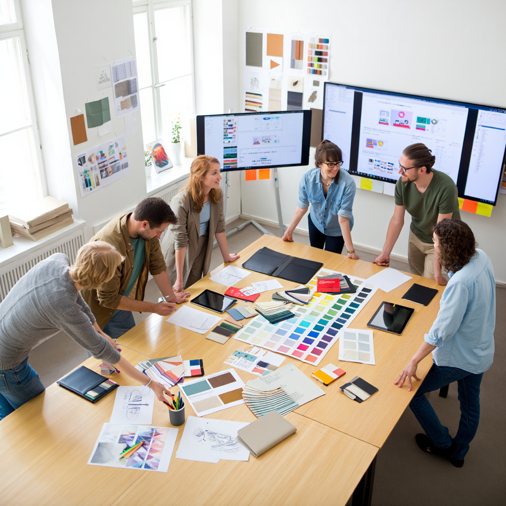 Team members collaborating on design projects